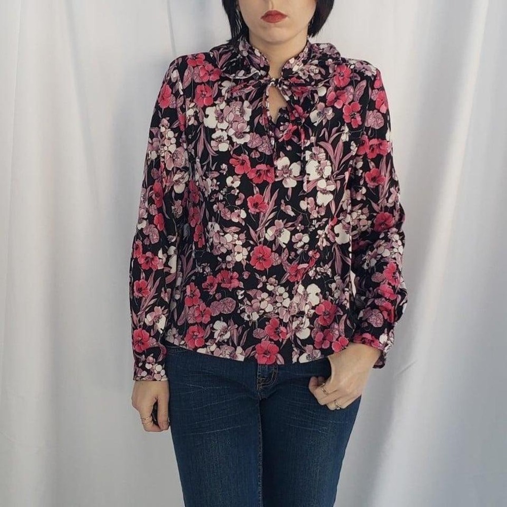 70s Hand Made‎ Black and Pink Floral Top